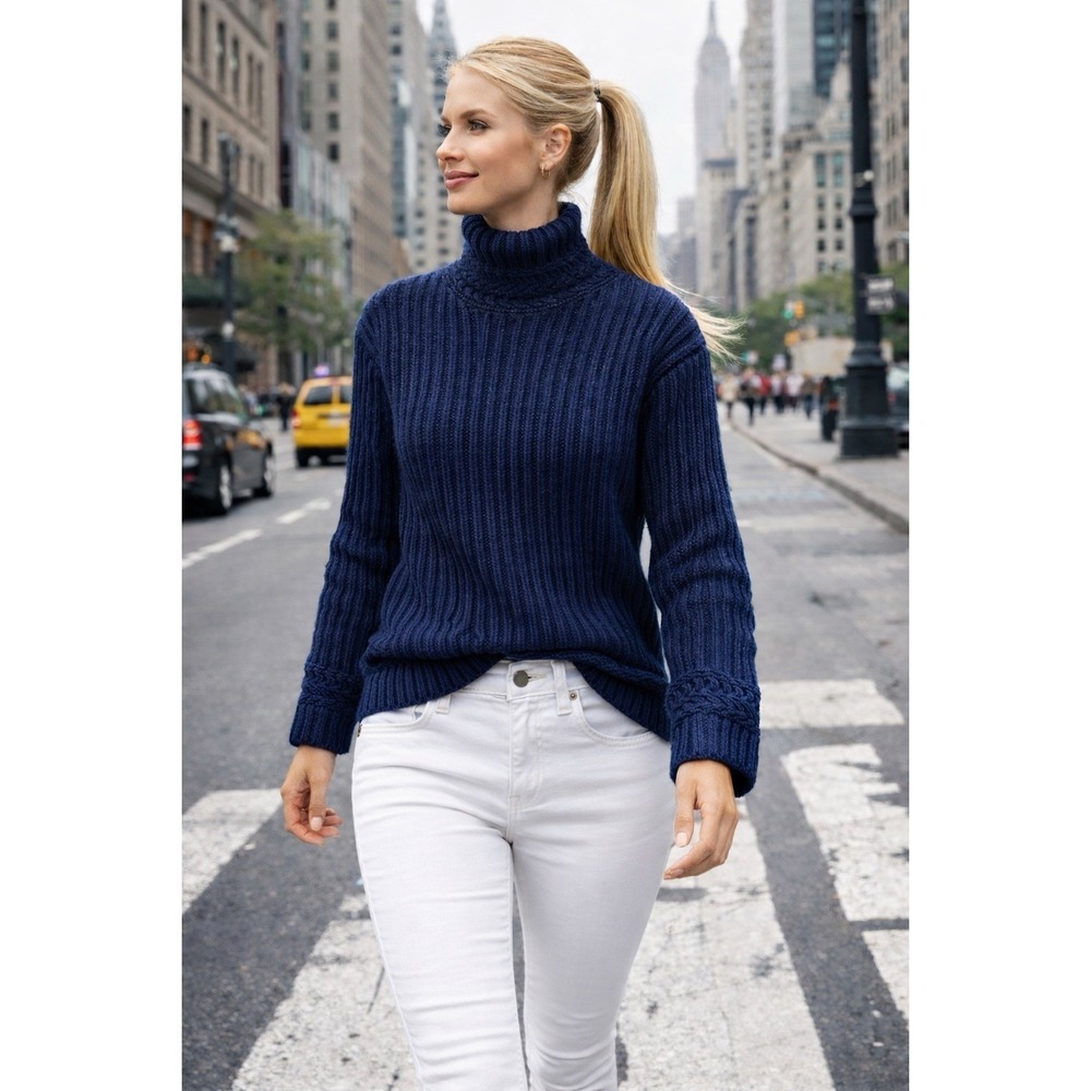 L.L. Bean Signature Navy Blue Mockneck Ribbed Sweater Sz L – 100% Organic Cotton